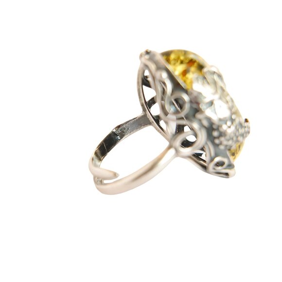 Baltic Green Amber Grape Leaf Statemnet Ring in 925 Sterling Silver - Picture 6 of 9